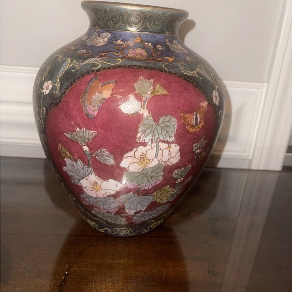 Vintage Decorative Floral Cloisonné Vase in Burgundy